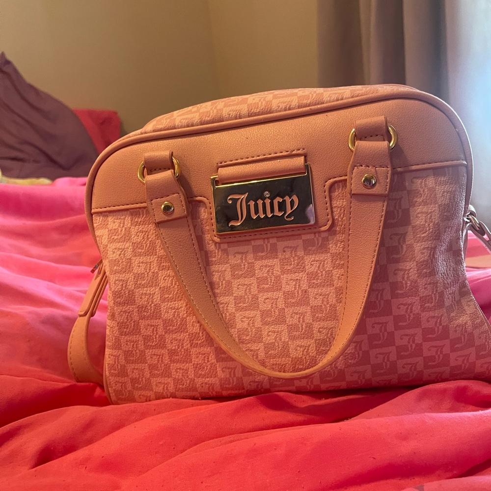 Juicy Couture Pink Satchel with Monogram Pattern and Gold Hardware